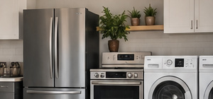 Illustrative kitchen with refrigerator, range and laundry machines