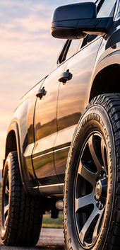 Illustrative close-up of a pickup truck wheel and tire